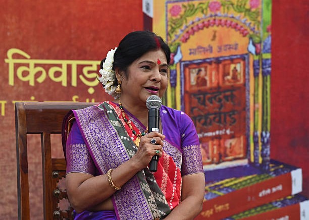 NEW DELHI, INDIA - FEBRUARY 3: Renowned folk singer and Padma Shri awardee Malini Awasthi  speaks during the release of her book "Chandan Kiwad" at the Shruti Manch, National School of Drama (NSD) Campus on February 3, 2026 in New Delhi, India. The event was held as part of the 25th Bharat Rang Mahotsav 2026, the world's largest international theatre festival. (Photo by Sonu Mehta/Hindustan Times via Getty Images)